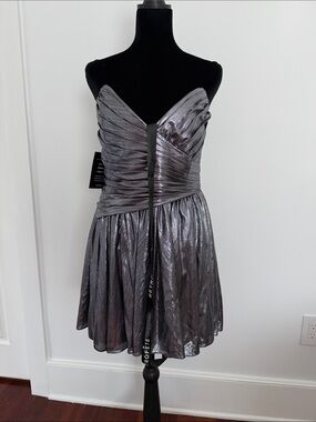 Retrofete Metallic Gunmetal Pleated Party Dress
